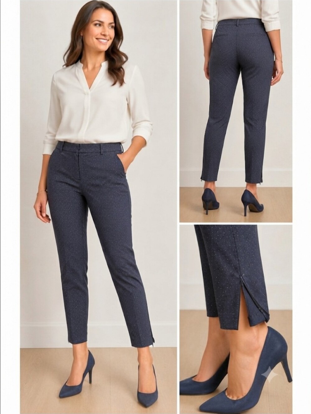 Worthington Modern Fit Mid-Rise Zip Ankle Trousers - Navy Pin-Dot - Size 10
